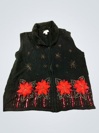 Kim Rogers schwarze bestickte Poinsettia-Paillettenweste