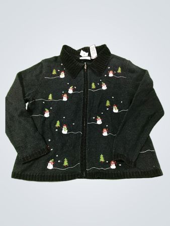 Croft & Barrow Frauen Schwarzer Schneemann bestickter Reißverschluss-Pullover