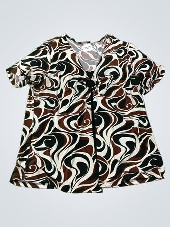 Carol Rose Damen Top mit V-Ausschnitt in Braun, Schwarz und Weiß mit Wirbelmuster