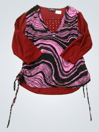 Langärmliges Oberteil mit Maroon- und Pink-gewirbeltem Muster und Kordelzug am Saum