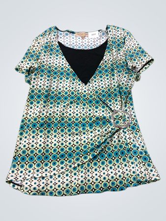 Notations Damen Kurzarm V-Ausschnitt bedrucktes Top mit Ringdetail
