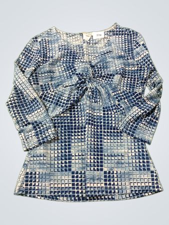 ZOKAI Blue and White Geometric Print gerafftes V-Ausschnitt Langarm-Oberteil