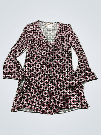 Susan Lawrence Damen Tunika-Oberteil mit V-Ausschnitt, Glockenärmeln und pink-schwarzem geometrischem Muster