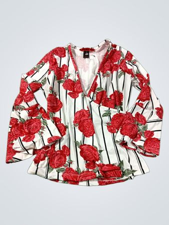 NOT TOO SHE Women's Red Rose & Stripe Print V-Neck Bell Sleeve Blouse
