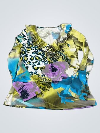 Grünes und blaues Oberteil mit Blumenmuster und langen Ärmeln