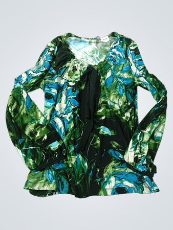 Apt. 9 Blue and Green Floral Print Langarm-Oberteil mit Bindedetail am Hals