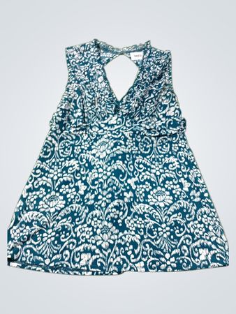 Teal- und weiße gemusterte ärmellose Bluse mit Rückenausschnitt