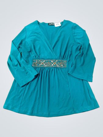 CKW Crew Knit Wear Teal Perlenbesetztes Taillen-V-Ausschnitt-Oberteil