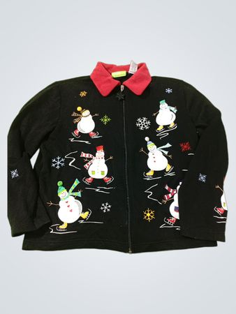 Schwarze Reißverschlussjacke mit Schneemann-Stickerei