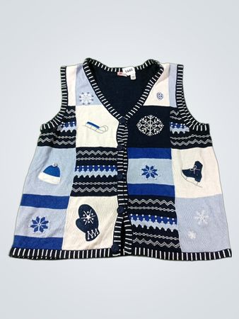 Holiday Editions Damen Ugly-Christmas-Pulloverweste Blau Schneeflocke Fäustlinge Schlittschuhe Schlitten