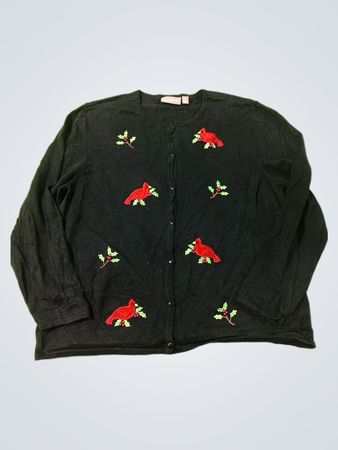 croft & barrow women's schwarze Strickjacke mit Kardinal- und Stechpalmen-Stickerei