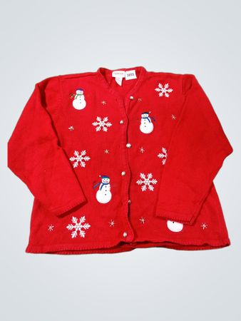 Crystal Kobe Red Schneemann- und Schneeflocken-bestickte Strickjacke