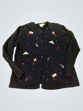 Talbots marineblauer Cardigan mit Feuerwerks- und amerikanischer Flaggen-Stickerei