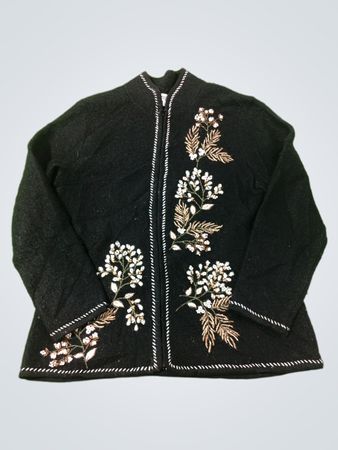 Coldwater Creek Schwarze bestickte Reißverschluss-Strickjacke
