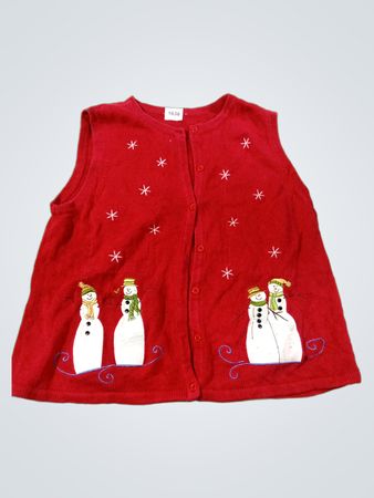 Roter ärmelloser Pullover mit Motiv aus Schneemännern und Schneeflocken