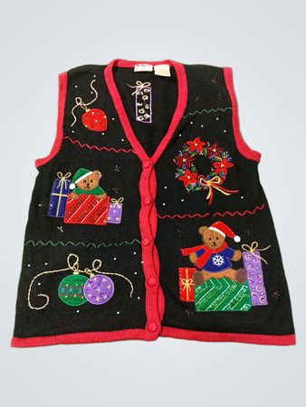 Bobbie Brooks Schwarze Weihnachtsweste mit Teddybären und Geschenken