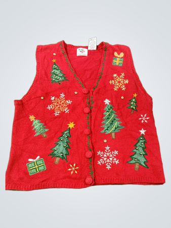Roter Weihnachtspullover-Weste mit Tannen und Schneeflocken