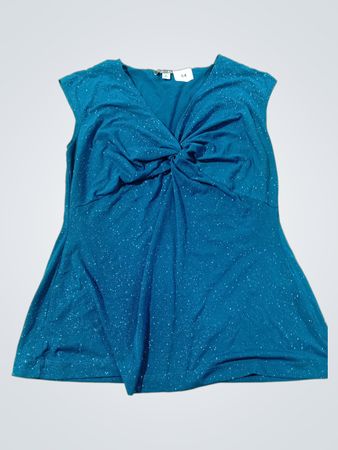 COZ AL Damen Top in Teal mit Glitzer, Twist-Front und V-Ausschnitt, Größe M