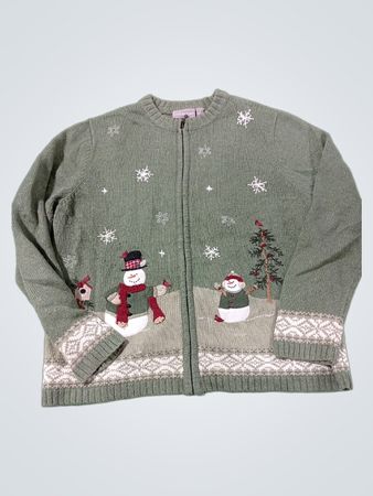 Croft & Barrow Damen grüner Schneemann-Weihnachtsstrickjackenpullover