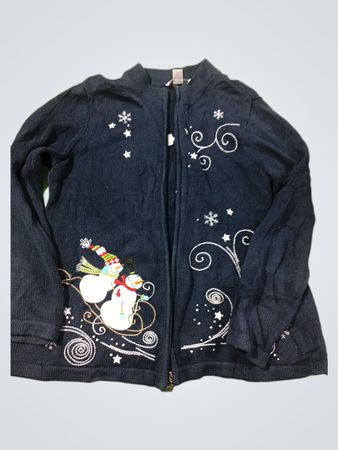 christopher & banks Damen-Strickjacke mit Schneemannmuster und Reißverschluss Größe L