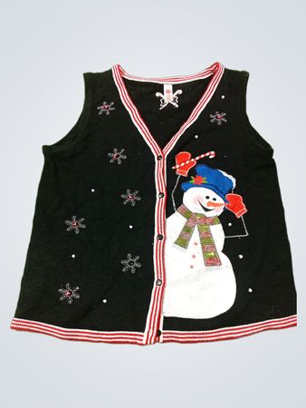Schwarzer ärmelloser Pullover mit Schneemann und Schneeflocken