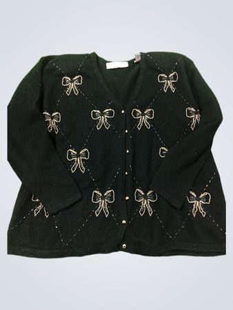 Karen Scott II Abendliche schwarze Strickjacke mit Perlenbesetzter Schleife