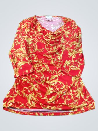 Carmen Marc Valvo Red Gold Baroque Print Cowl Neck Top