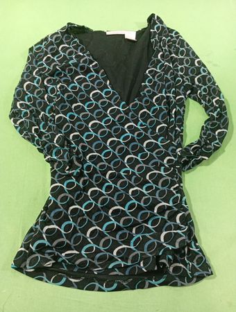 WORTHINGTON Damen Schwarz Blau Weiß Geometrisch gemustertes Wickeloberteil