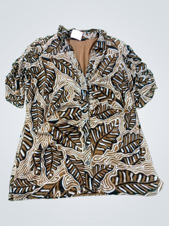 ANNE + LANCY Damen Braun Blattmuster Bluse mit Knopfleiste