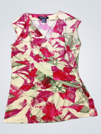 ETCETERA Damen Oberteil mit kurzen Ärmeln, V-Ausschnitt, creme- und rosa Blumenmuster, Größe S