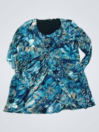 Style & Co. Damen Blaues Floralbedrucktes Oberteil mit Twist-Detail vorne und langen Ärmeln