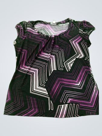 Worthington Women's Lila Oberteil mit geometrischem Muster und kurzen Ärmeln Größe L