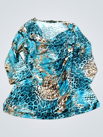 LAVENA Damen Blaues Animalprint Wasserfallausschnitt Langarmshirt