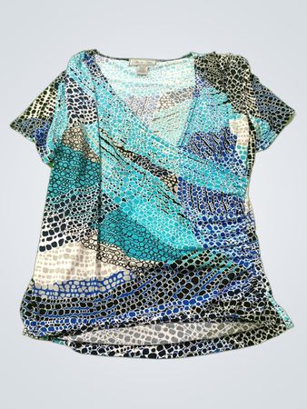 Arch Hill Women's Blau-weiße V-Ausschnitt-Oberteil mit Raffung und Muster