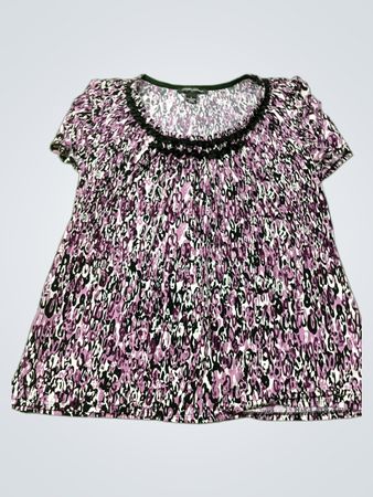 DESIGNERS ORIGINALS Damen T-Shirt mit lila abstraktem Druck, Kurzarm, Größe L