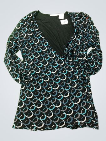 Worthington Women's Schwarzes Blau Weiß Geometrisches Muster Langarm V-Ausschnitt Oberteil