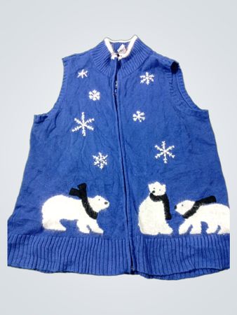 Quaker Factory Blaue Polar-Bären- und Schneeflocken-Strickweste