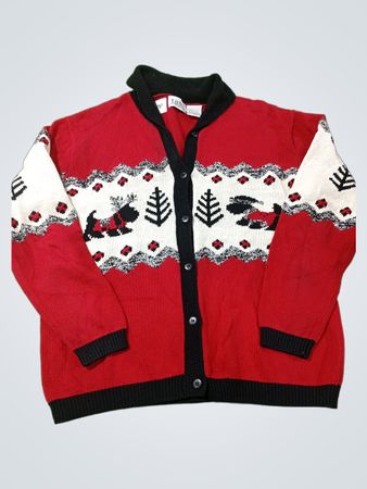 Tabi International Damenroter Cardigan mit Scottish-Terrier- und Weihnachtsbaum-Motiv