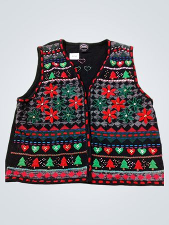 DESIGNERS STUDIO ORIGINALS Schwarze Weihnachtsweste mit Weihnachtssternen und Tannenbäumen