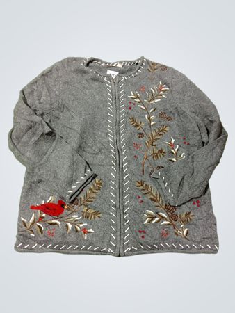 Croft & Barrow Woman Grau Kardinal & Ast Bestickter Reißverschluss-Cardigan Vorderseite