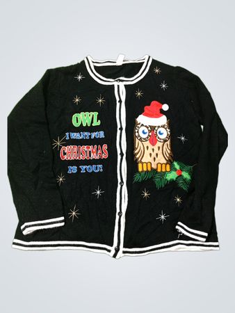 Schwarzer hässlicher Weihnachtspullover mit Eulenmotiv
