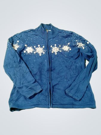 tabi-blauer Reißverschluss-Pullover mit weißen Verzierungen