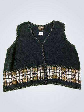 REQUIREMENTS WOMAN Navy Blue Plaid Trim V-Ausschnitt Knopf-verschlossene Weste