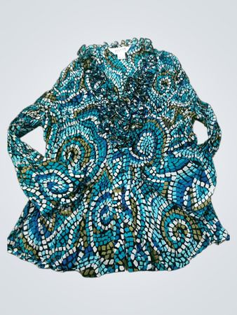 ALLISON TAYLOR Damen XL Bluse mit blau-grünem Mosaikmuster und Rüschen