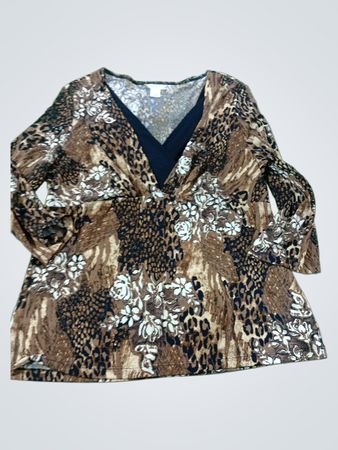 Cherish & Bloom Damen Größe L Braun Leoparden-Blumenmuster V-Ausschnitt Top
