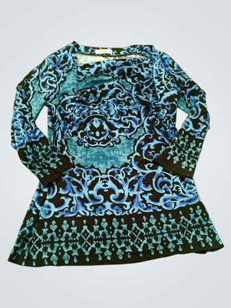 Dressbarn Blue Black Scroll Print Langärmeliges Tunika-Oberteil