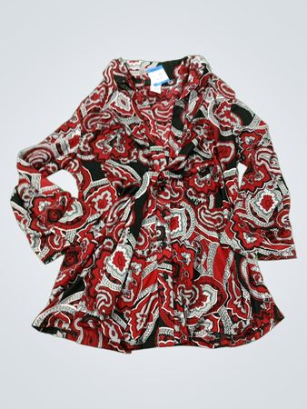 Damen Langarm-Hemd mit Knopfleiste in Rot-Schwarz und Paisley-Muster