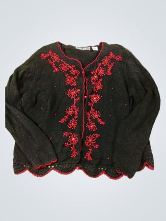 Debbie Morgan Black & Red Beaded Floral Cardigan
