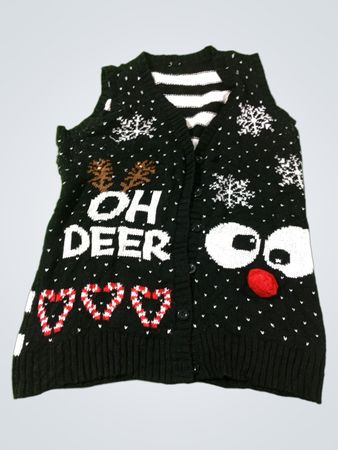Schwarzer ärmelloser Pullover mit „OH DEER“-Grafik und Zuckerstangen-Herzen