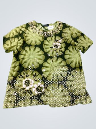T-C Fashion Damen Oberteil mit grünem Blumenmuster, kurzärmelig, Größe L